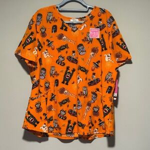 Scrubstar Scrub Top Womens 2XL Orange NEW Halloween Frankenstein Skeleton WM738